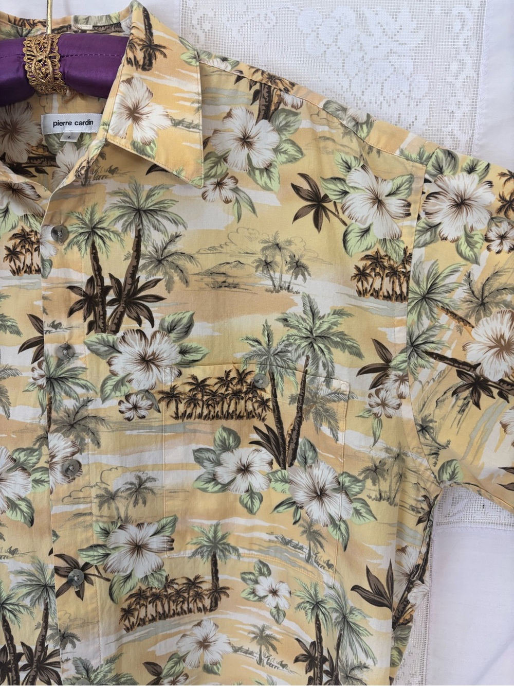 Men’s 100% Cotton Butter Yellow‎ Hawaiian  Print Short Sleeve Button Down Size L - Picture 10 of 14
